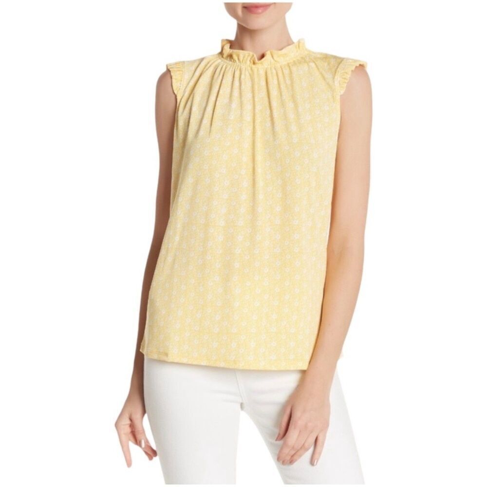 Adrianna Papell Ruffled Short Sleeve Mock Neck Blouse Large Floral Print Yellow